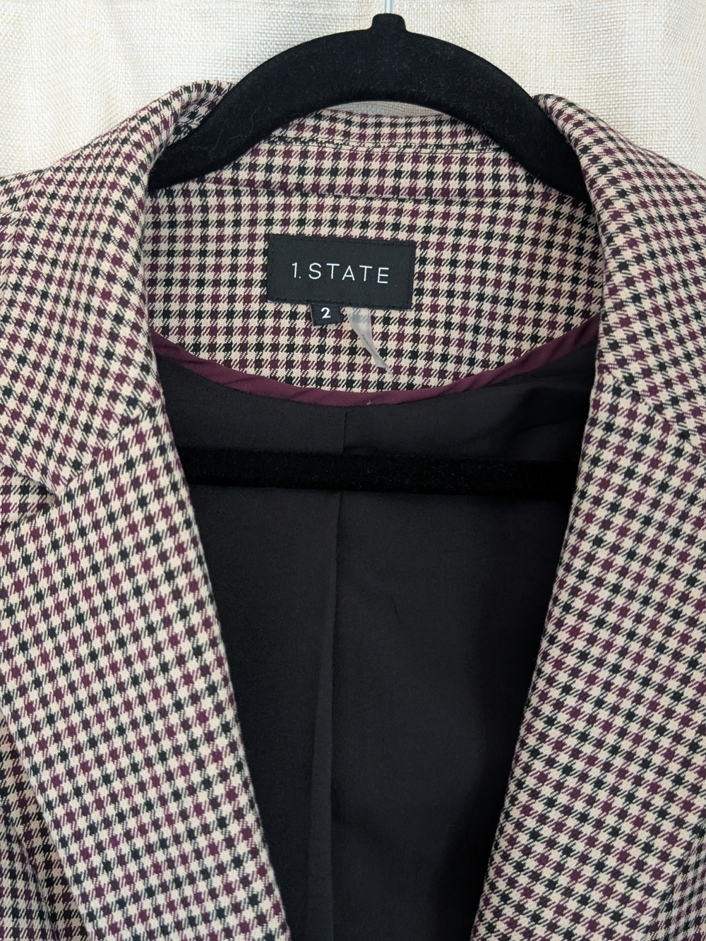 1. State Women's Burgundy & Cream Houndstooth Blazer